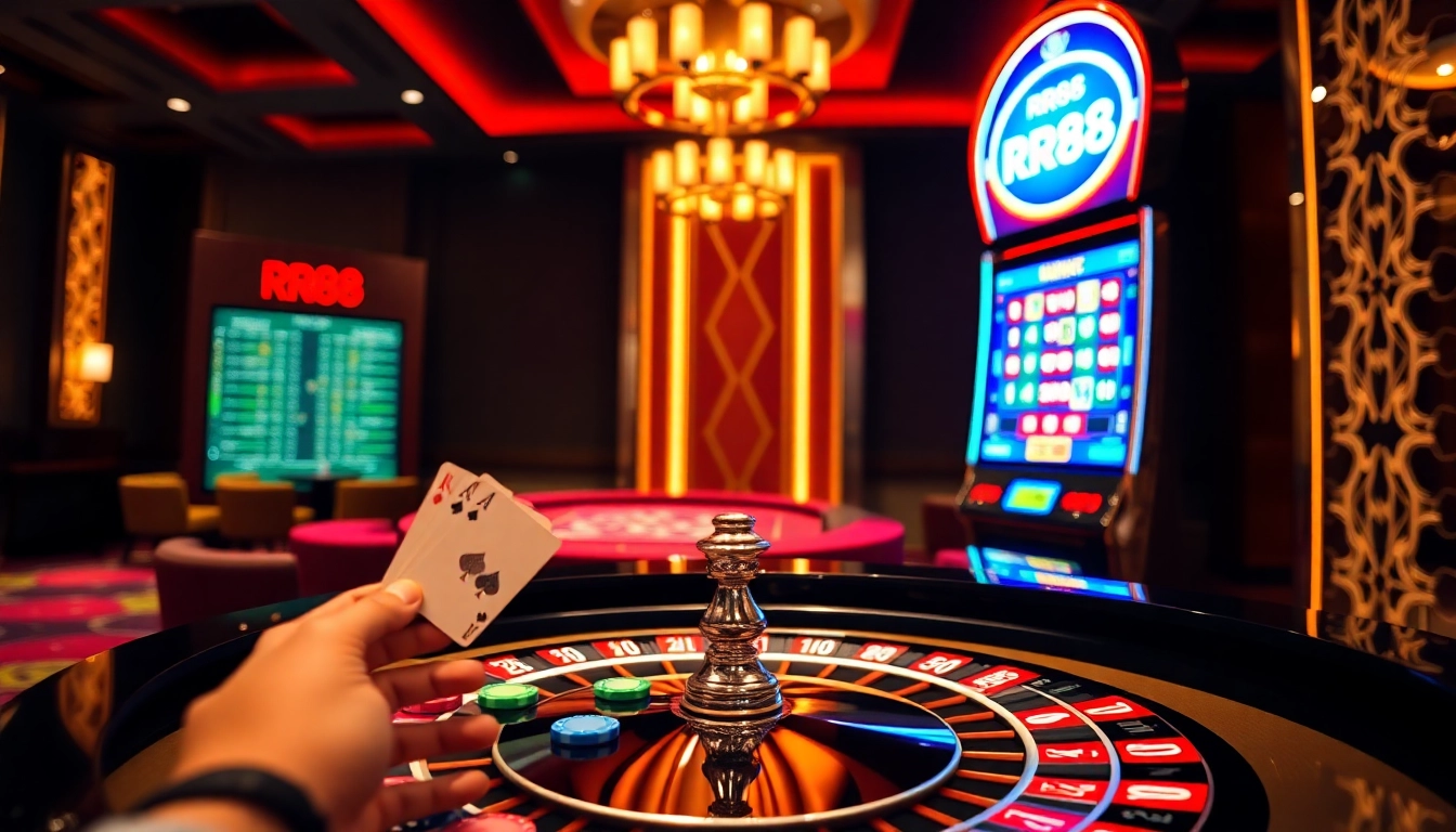 Playing at RR88 casino with vibrant roulette and winning poker chips for a thrilling experience.