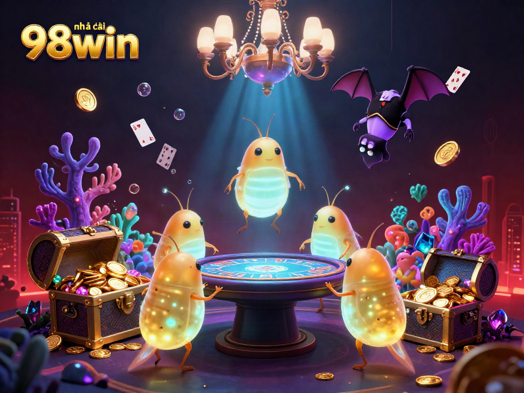 Experience vibrant gameplay at nhà cái 98win with glowworms lighting an underwater casino.