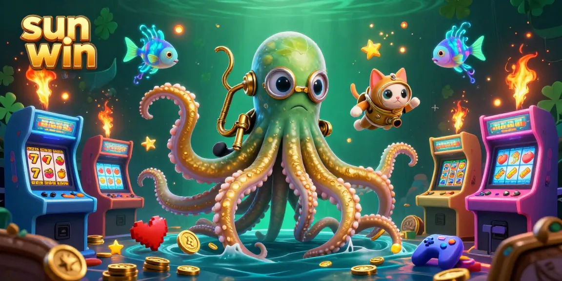 Experience thrilling online slots with sun win's vibrant 3D illustration, featuring a Kraken and rich game elements.