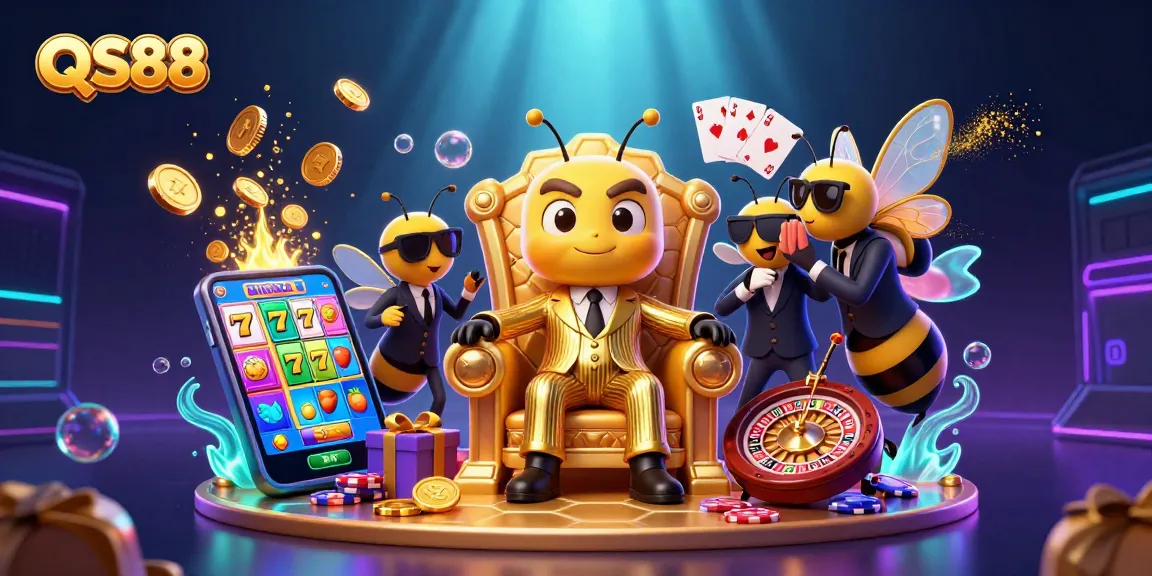 Spin the reels at QS88 with a vibrant bumblebee mob boss surrounded by thrilling slot game elements.