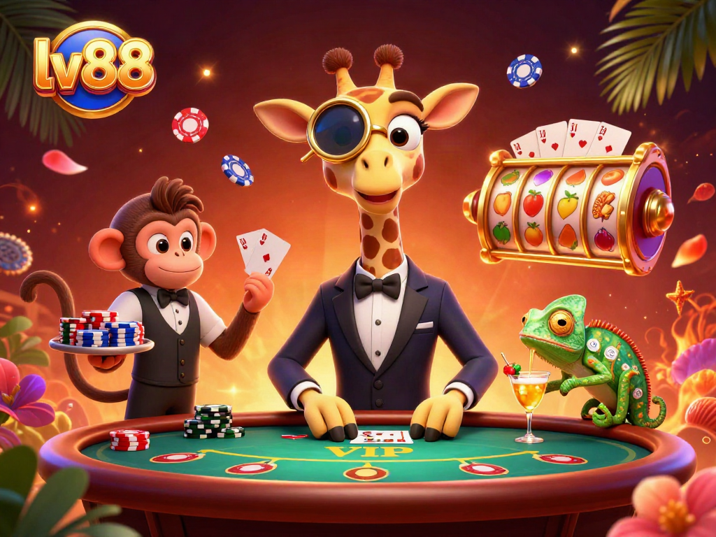 Experience the excitement of lv88 with a high-roller giraffe, poker, and vibrant casino elements.