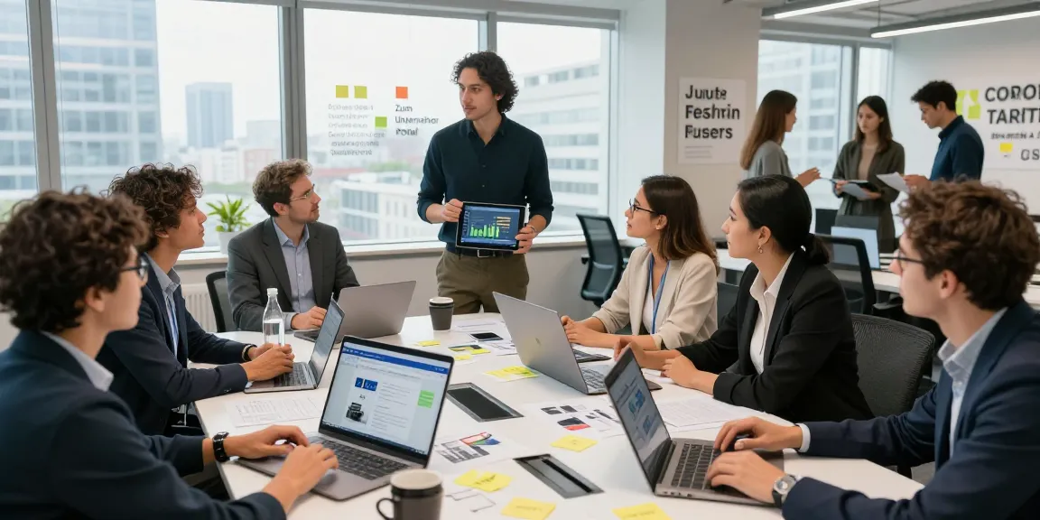 Team collaborating in a modern office discussing Zum Unternehmer-Portal strategies.