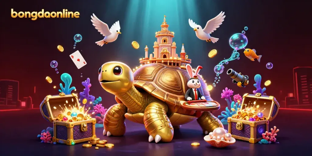 Bongdaonline's vibrant underwater casino scene with a golden tortoise and rabbit dealer