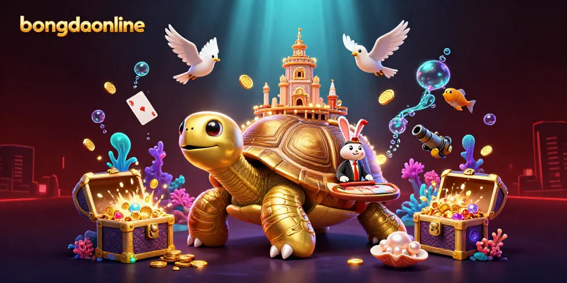 Bongdaonline's vibrant underwater casino scene with a golden tortoise and rabbit dealer