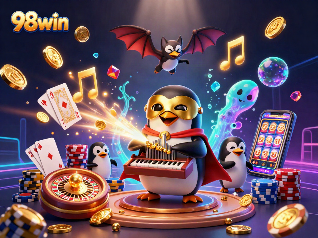 Experience the thrill of 98win as a penguin plays an organ shooting coins, surrounded by casino elements.