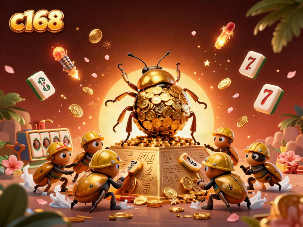 C168's illustrative scene showcases a golden beetle rolling coins in a vibrant casino atmosphere.