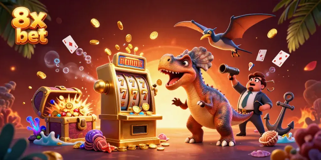 Experience thrilling wins with 8x bet as characters interact with a dynamic casino scene full of excitement.