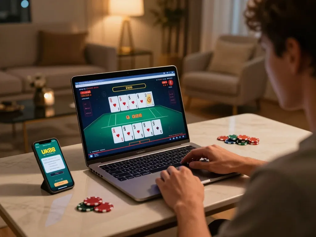 Uk88 player enjoying live blackjack on a laptop, revealing strategic gameplay in a cozy home setting.