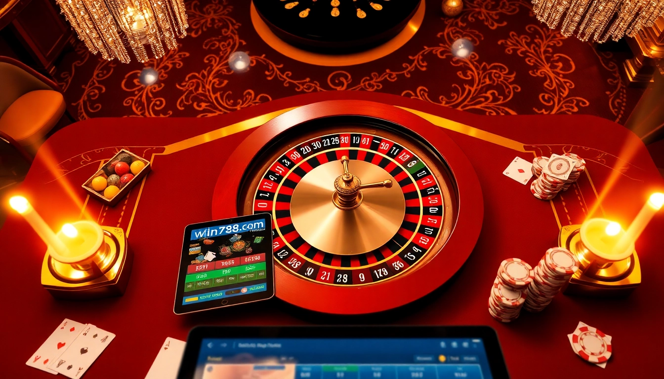 Experience the thrill of gambling at win678.com with an exciting online casino scene featuring roulette and poker elements.