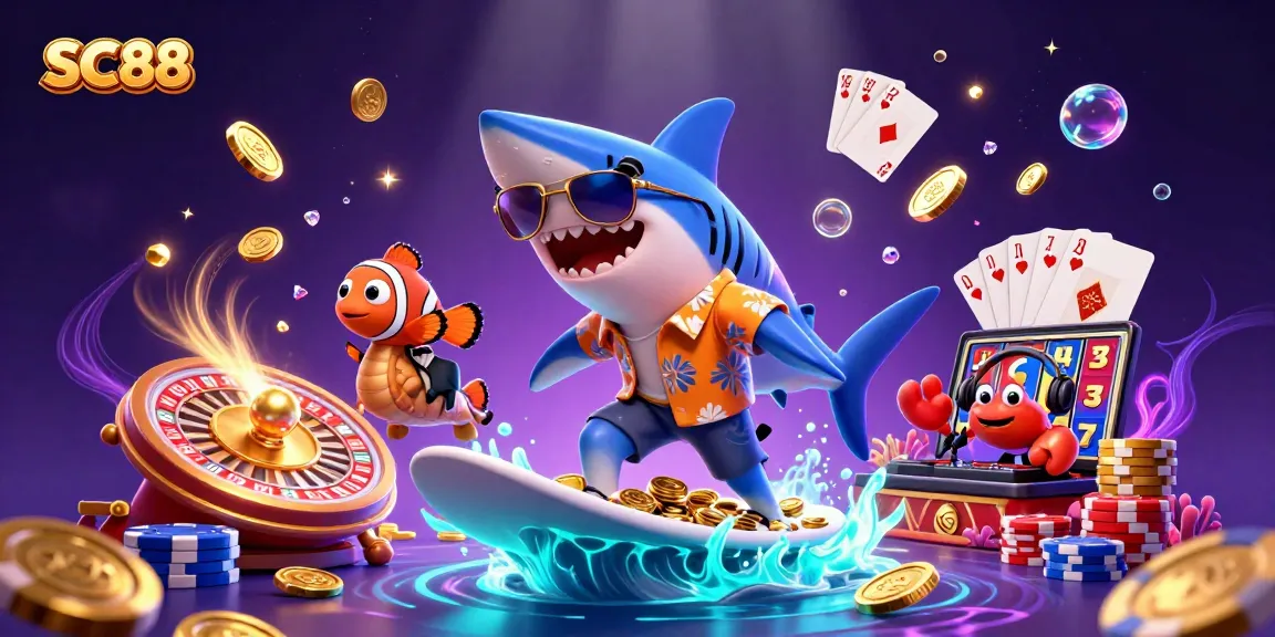 Engage with SC88's vibrant casino scene featuring a shark surfing gold coins amidst dynamic gaming elements.