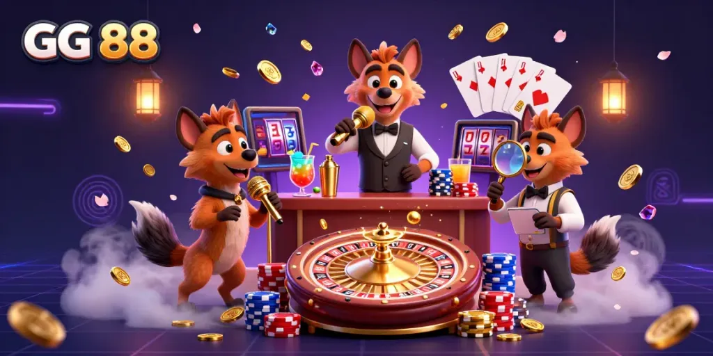 Experience the vibrant GG 88 casino with hyenas in lively roles amid sparkling treasures, showcasing entertainment and excitement.