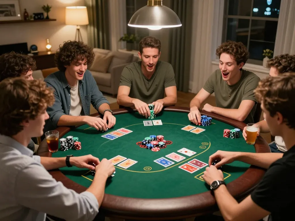 Players engaged in a thrilling poker game at home during a friendly night, showcasing strategy and excitement while using 79king.