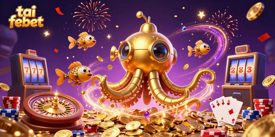 Experience the exhilarating thrill of tai febet with a golden kraken submarine and golden coins in the vibrant casino scene.