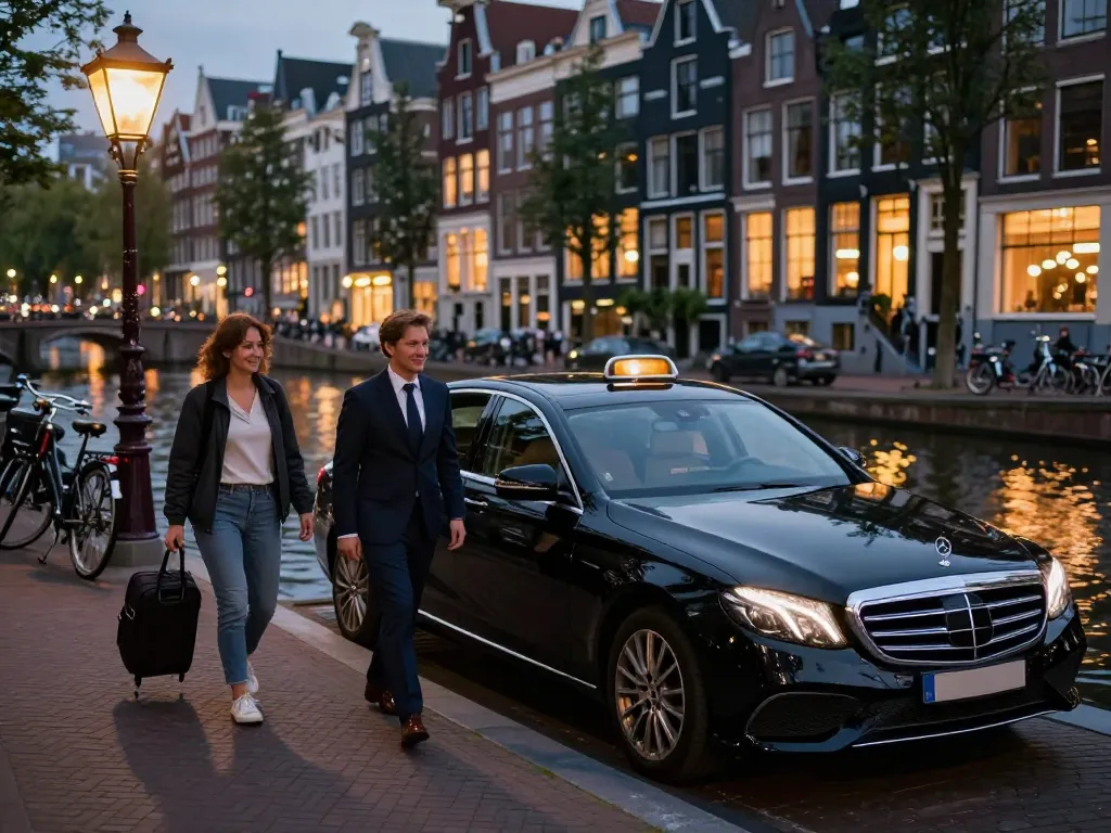 Taxi Amsterdam service met een professionele chauffeur en luxe Mercedes bij een kanaal, wat luxe reizen verbetert.