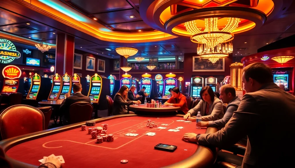 Exciting casino atmosphere with high-stakes poker at https://du88.ad/ featuring vibrant chips and illuminating slot machines.
