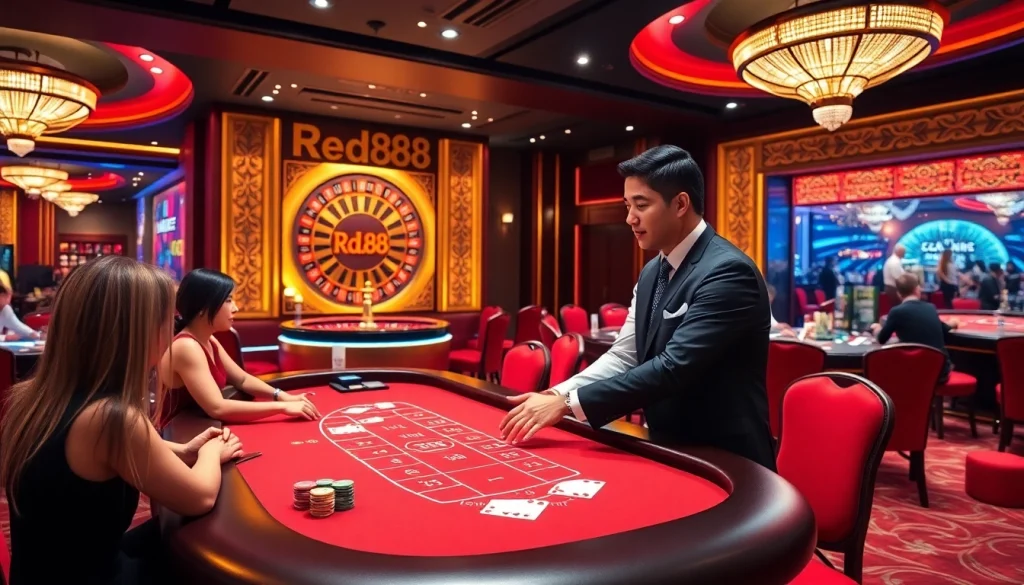 Players enjoying a thrilling baccarat game at red88 casino, surrounded by vibrant casino elements.