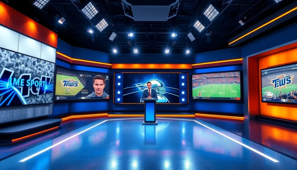 Host engaging in sports broadcasting with expert analysis in a vibrant studio.