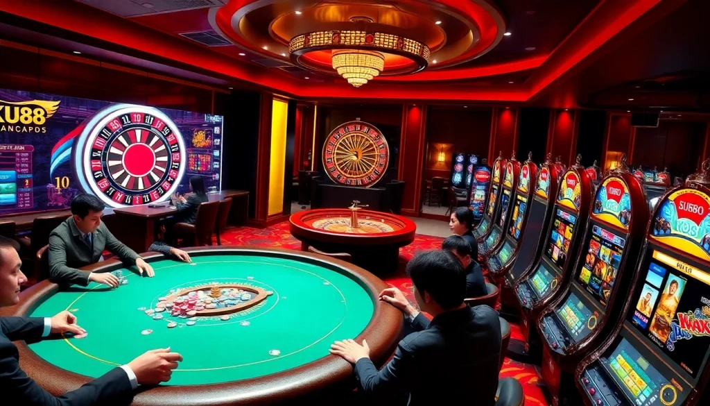 Players enjoying an exciting poker game at KU88 Casino, highlighting thrilling casino elements.