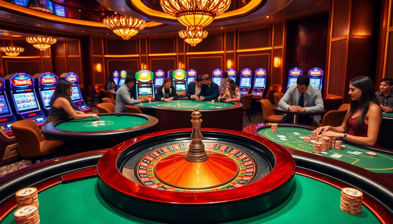A lively casino atmosphere showcasing roulette, poker tables, and slot machines reflecting https://nk88s.net/ with excitement.