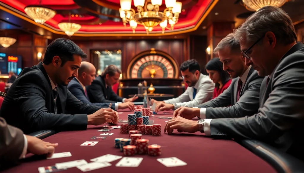 Intense poker game at a casino featuring 7mcn elements with vibrant poker chips and focused players.