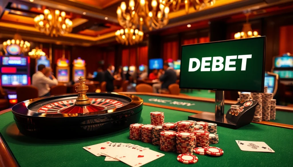 Players enjoying casino games with DEBET branding, capturing excitement and luxury.