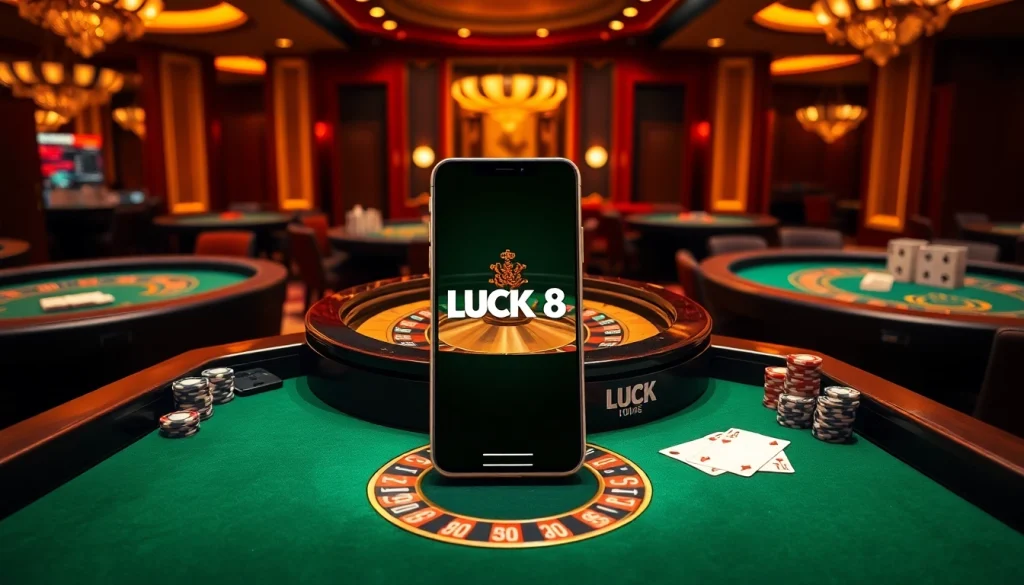 Exciting casino scene featuring LUCK 8 roulette wheel surrounded by poker tables and chips.