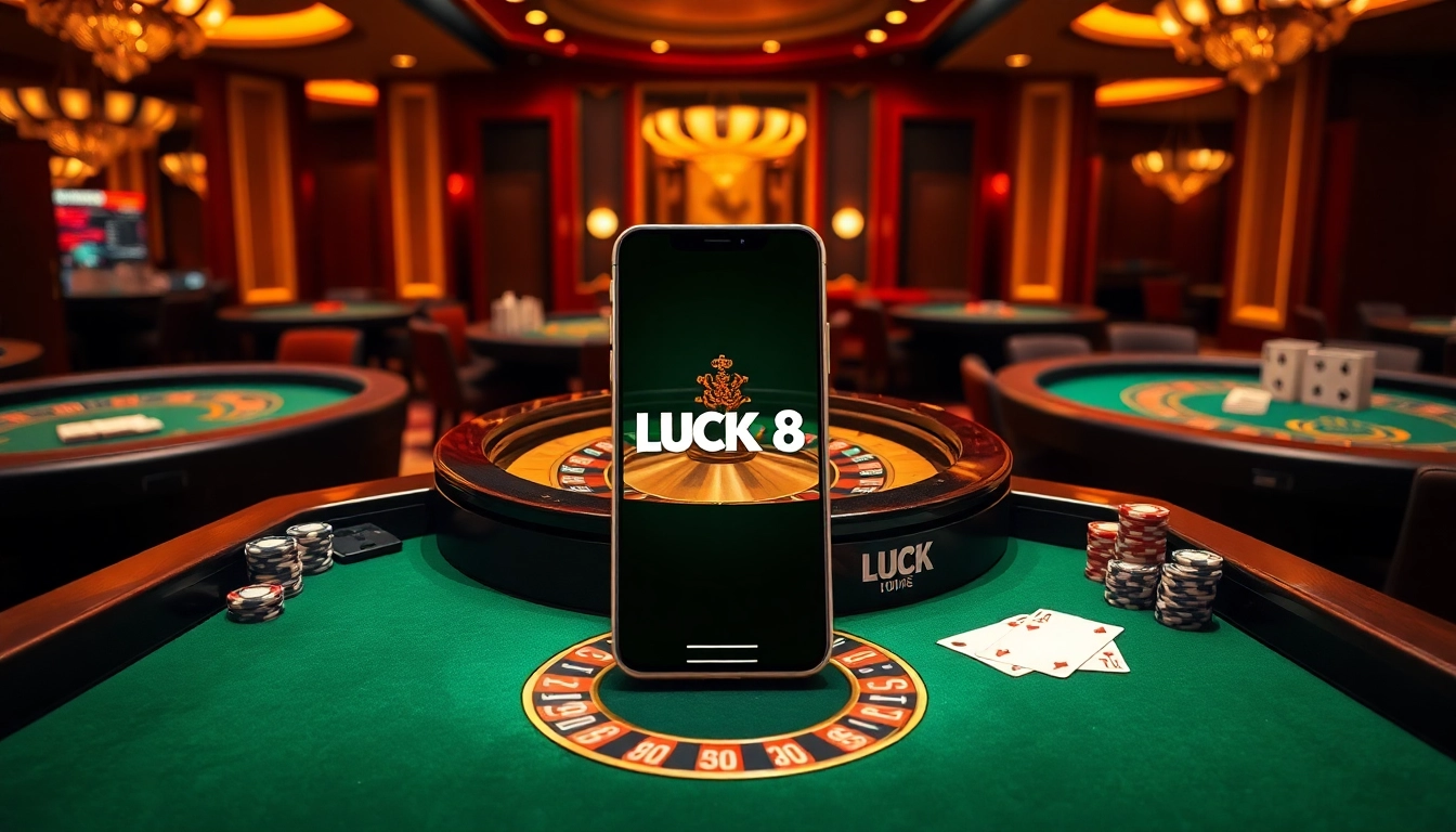 Exciting casino scene featuring LUCK 8 roulette wheel surrounded by poker tables and chips.
