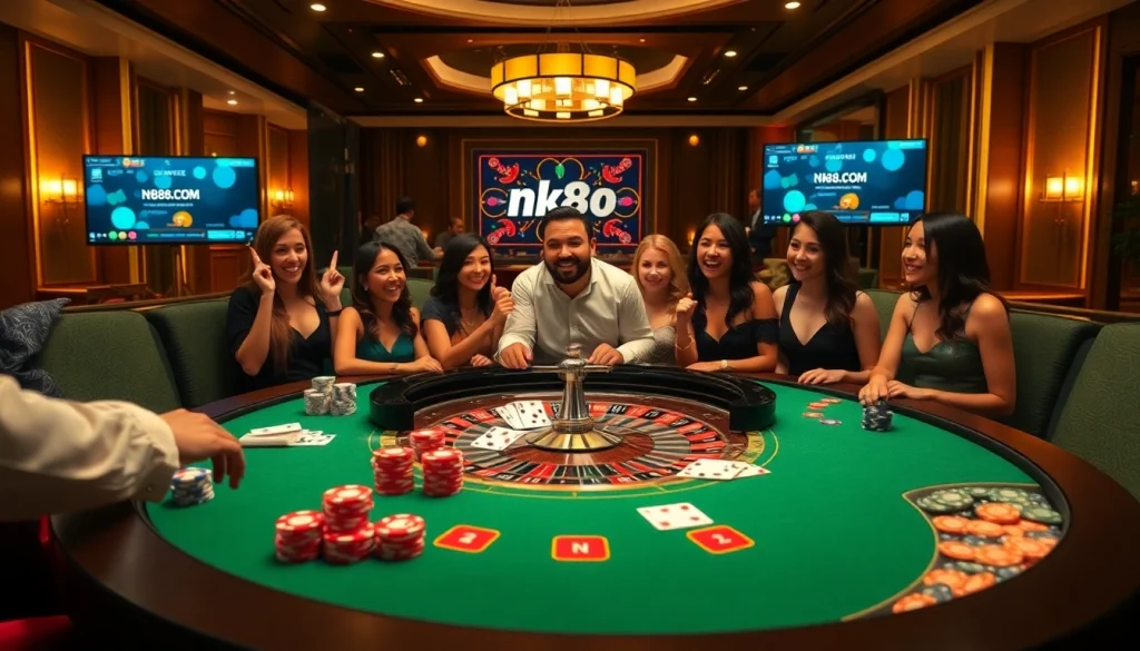 Excited players enjoying the thrill of gambling at nk88.com with vibrant casino elements.