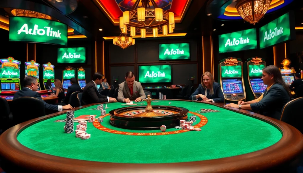 Engage with the Alo789 Link at a vibrant casino table filled with poker chips and players.