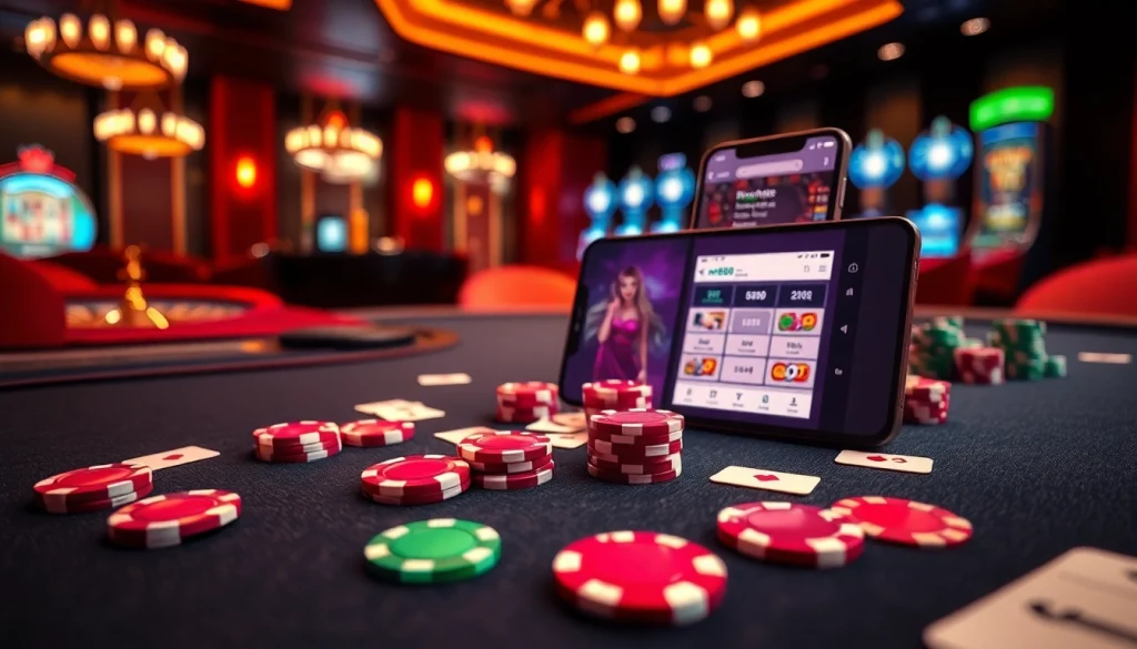 The nk88 app showcased on a smartphone at a luxurious casino table, featuring poker chips and cards enhancing the gaming experience.