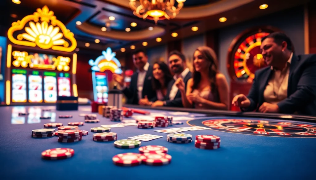 Engaged players at a luxurious casino table showcasing https://c168.works/ with vibrant poker chips and cards.