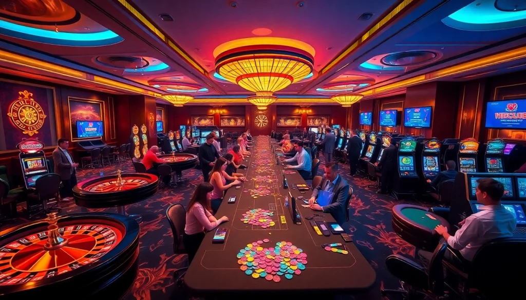 Players enjoying exciting games at Hitclub casino, featuring poker tables, slot machines, and roulette.