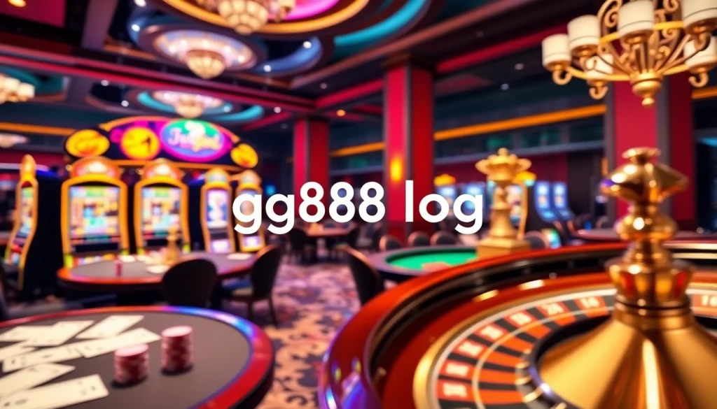 Exciting gaming scene showcasing 'gg88 login' on an elegant casino interface, complete with poker chips and slot machines.