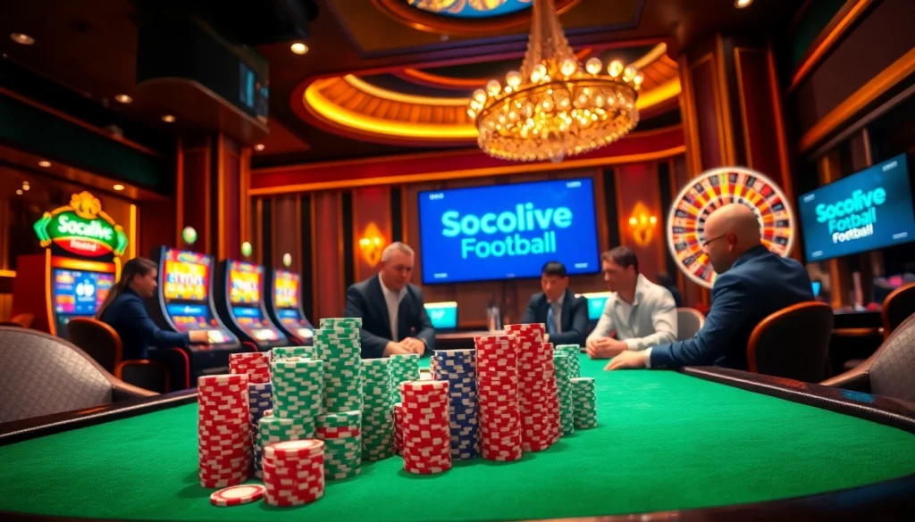 Socolive trực tiếp bóng đá showcased in a vibrant casino scene, featuring poker chips and slot machines.