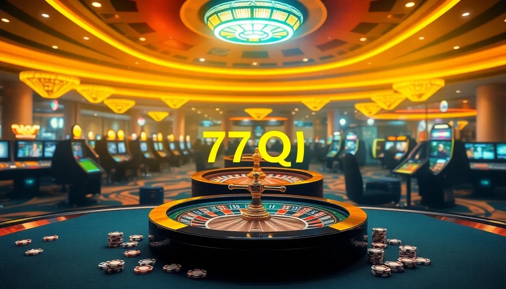 Uma cena dinâmica de jogos online apresentando a interface vibrante do cassino da 77qq Plataforma com roleta e caça-níqueis.