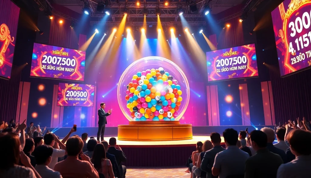 Xổ số hôm nay lottery draw excitement with a vibrant host and colorful balls.