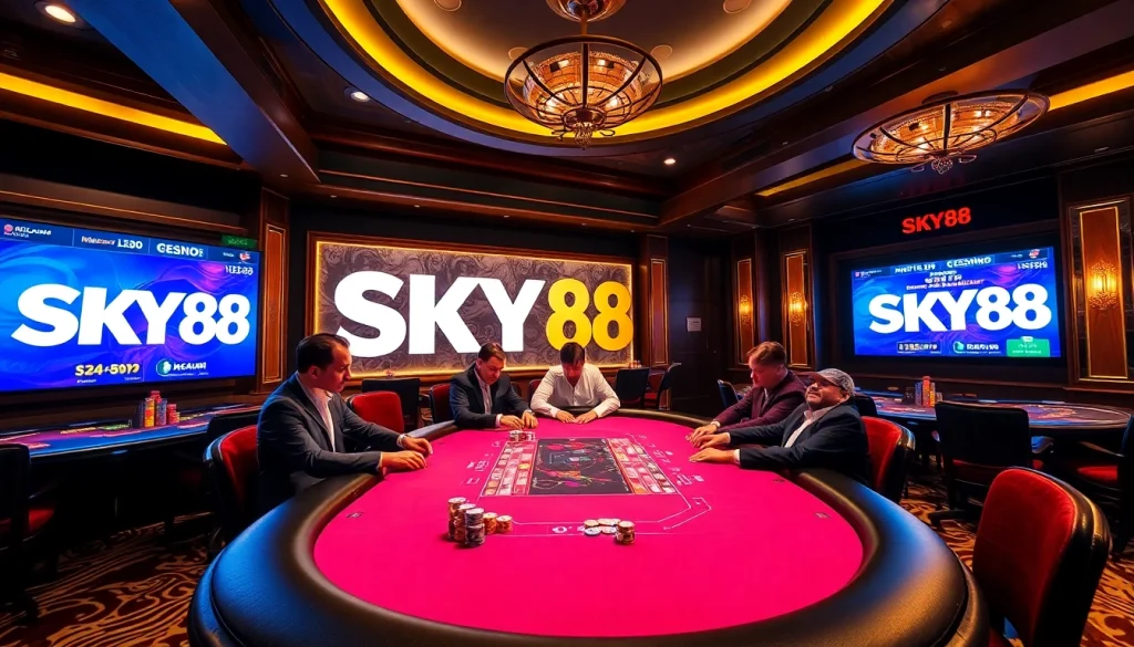 Experience the excitement of SKY88 at a luxurious casino featuring vibrant poker games.