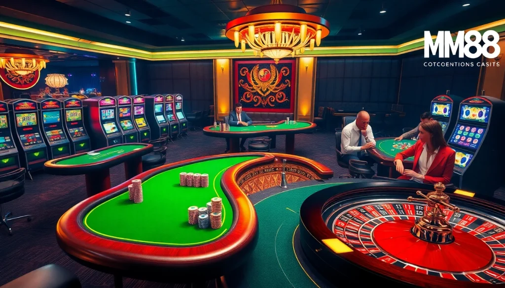 Experience the thrilling ambiance of MM88 casino with vibrant tables and slot machines.
