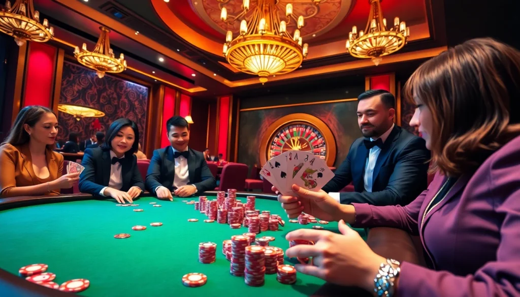 Exciting poker game scene showcasing gamblers at a table with chips and cards at https://da88st.com/.