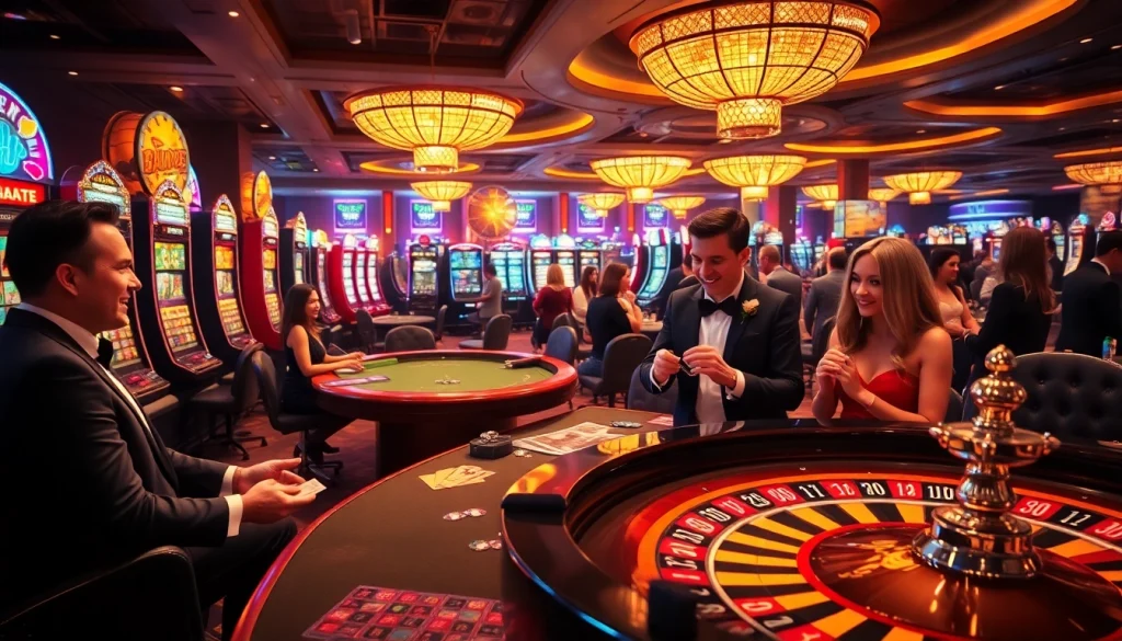Exciting casino scene featuring 33WIN players at gaming tables with vibrant slot machines and roulette wheels.