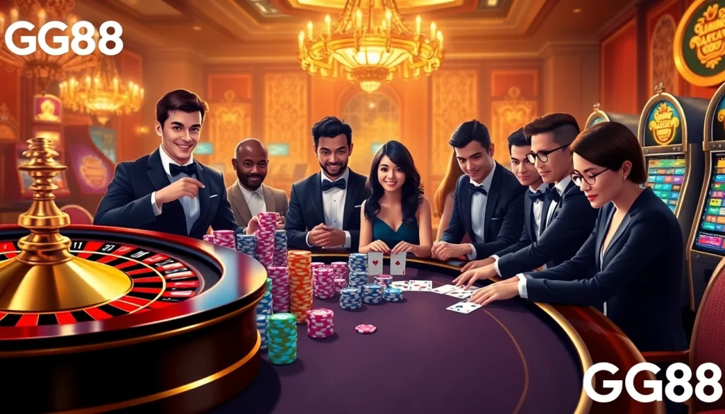Gamblers enjoying a vibrant casino scene featuring GG88 elements, poker chips, and roulette.