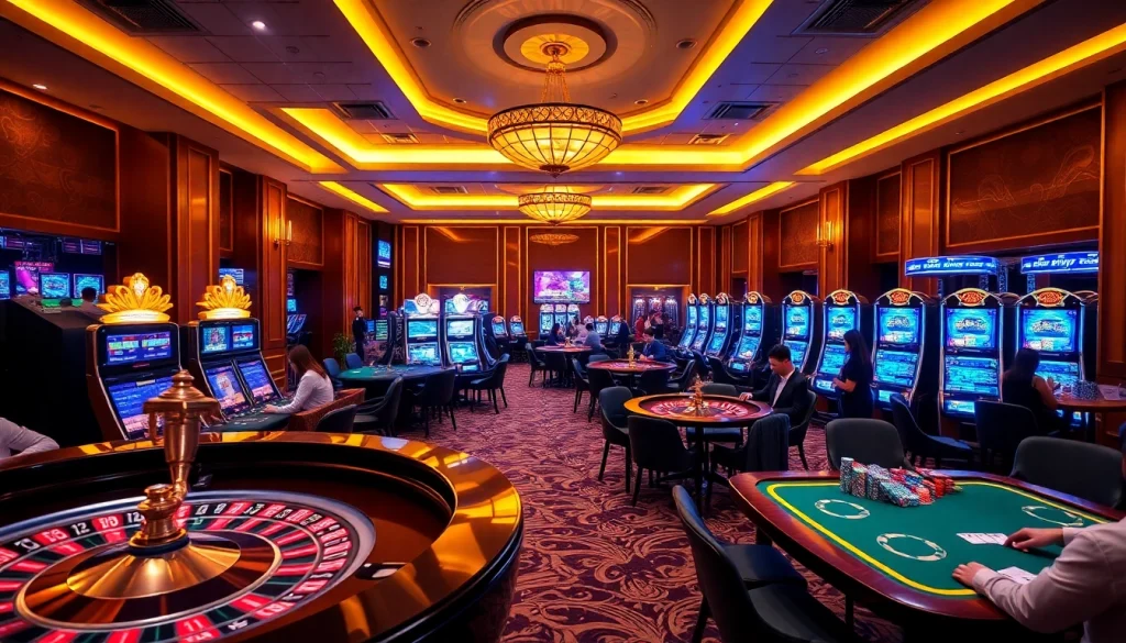 Engaging scene of players at Nhà cái Jun88 enjoying thrilling casino games with colorful slot machines and tables.
