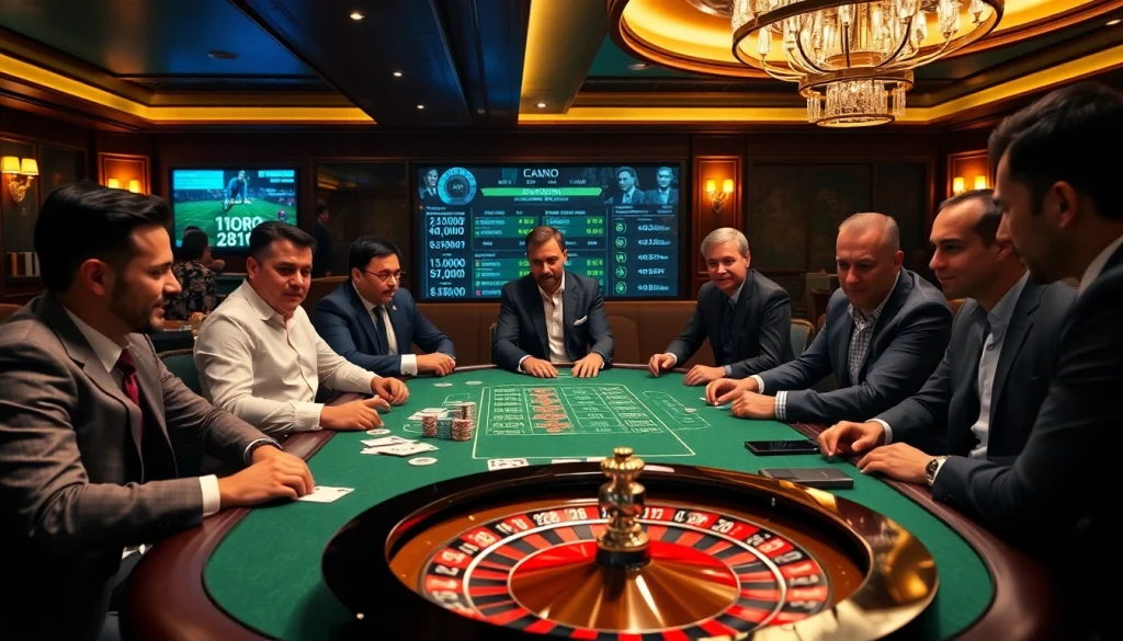 Men enjoying a vibrant casino atmosphere in a professional man club setting, engaging in gaming activities.