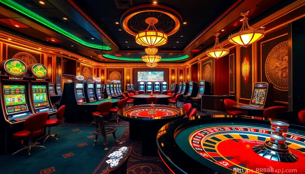 Interactive gaming experience at https://rr88xpj.com/ featuring casino tables and slot machines.