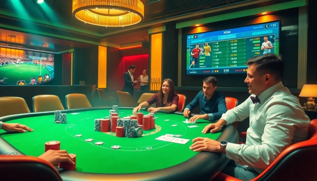 Xoilac TV trực tiếp bóng đá highlights thrilling moments at a vibrant casino poker table.