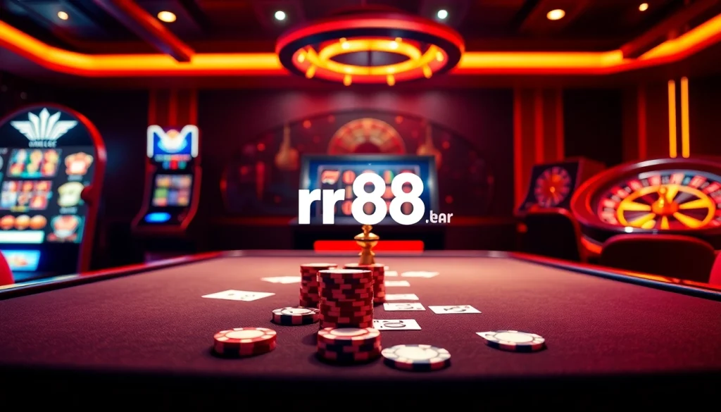 Exciting gaming atmosphere at https://rr88.bar/ featuring poker chips and roulette wheel.