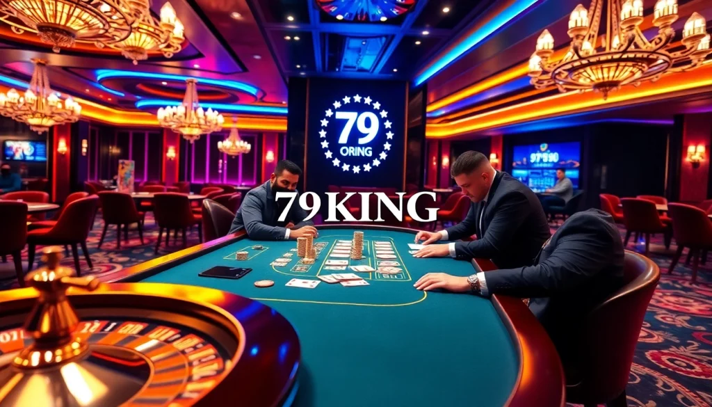 79KING players enjoy a thrilling poker game in a luxury casino atmosphere, full of excitement.