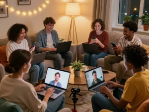 Engaging sex chat scene showcasing diverse individuals in a cozy virtual environment, highlighting playful avatars and animated conversations.