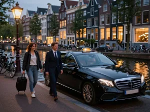 Taxi Amsterdam service met een professionele chauffeur en luxe Mercedes bij een kanaal, wat luxe reizen verbetert.