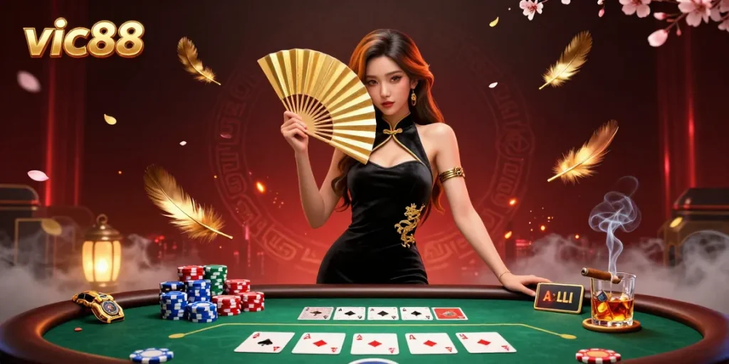 Engage in strategic poker gameplay with vic88 featuring a gorgeous dealer and vibrant casino elements.